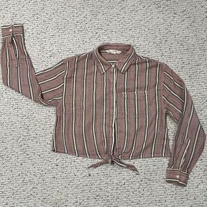 Vanilla Star 100% Cotton Long Sleeve Stripe Cropped Tie Waist Shirt Blouse Top M